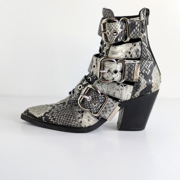 Jeffrey Campbell Caceres Multi-Buckle Snakeskin Leather Ankle Boots 6.5 Gray - Picture 1 of 16
